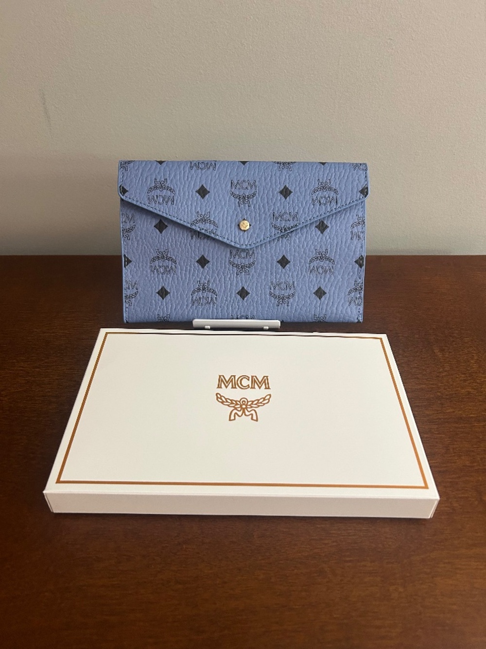 MCM Blue Visetos Envelope Pouch with Chain for Pochette; NIB